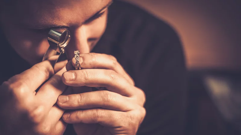 Ein Mann schaut mit einer Lupe ein Schmuckstück an.