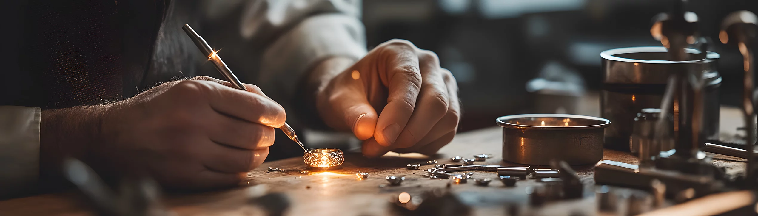 A skilled artisan meticulously working with tools, crafting exquisite jewelry in a well-lit workshop. The scene showcases precision, creativity, and passion for the craft.